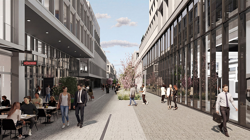 Visualisierung des Bauvorhabens Go Four It in München - sichtbar ist der zukünftige Boulevard.